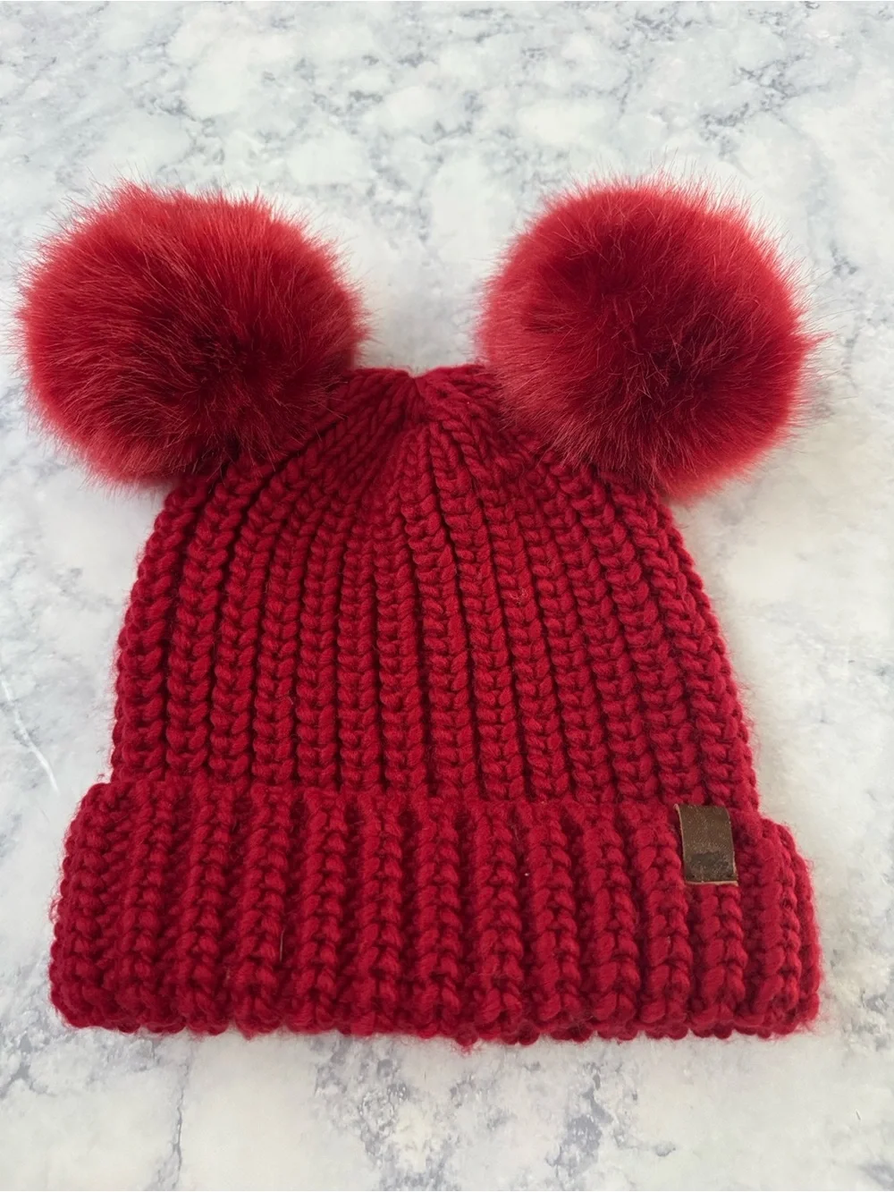 2 ROOTS Canada Set Double Pom Pom Knit Kids Beanie Toque Hat Winter Red